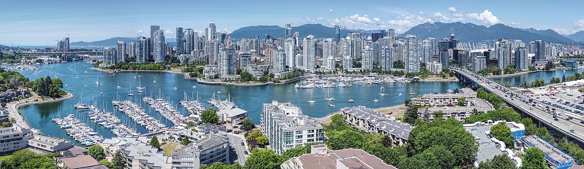 Aerial view of Vancouver, Cambie Bridge and False Creek